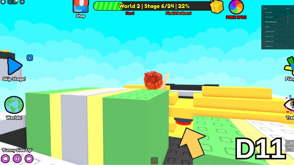 The button beneath the gold in the Stage 6 briefcase in the Hard Version of Roblox Find Buttons World Two