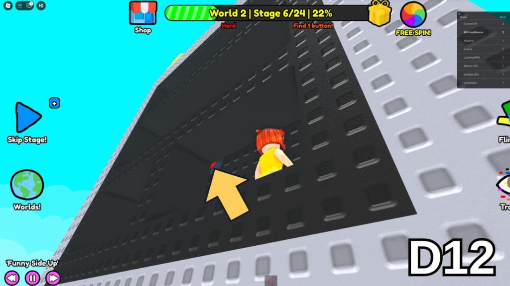 The button at the back of the Stage 6 briefcase in the Hard Version of Roblox Find Buttons World Two