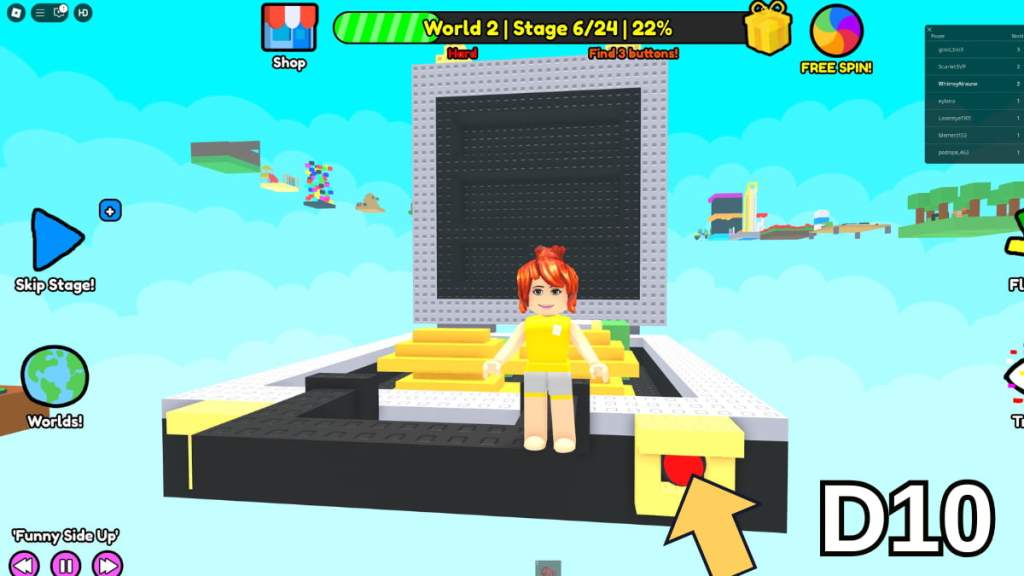 The button at the front of the Stage 6 briefcase in the Hard Version of Roblox Find Buttons World Two
