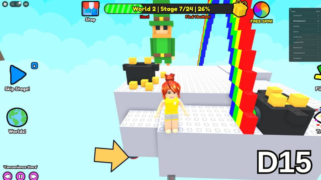 The button in the lower left corner of Stage 7 in the Hard Version of Roblox Find Buttons World Two