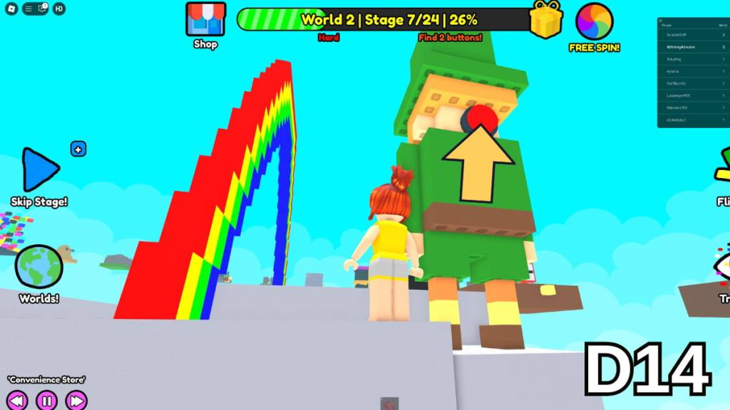 The button on the back of the Stage 7 leprechaun in the Hard Version of Roblox Find Buttons World Two