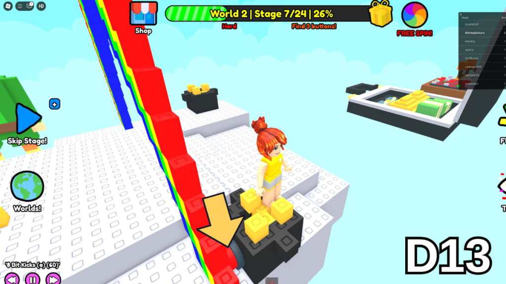 The button between the pot of gold and rainbow in Stage 7 of the Hard Version of Roblox Find Buttons World Two