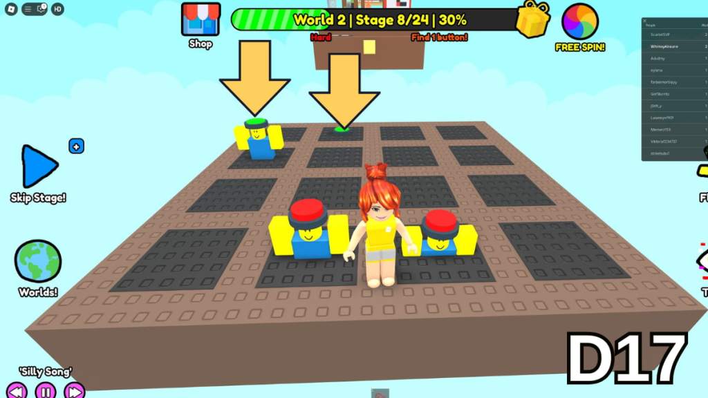 The two Noobs holding the right Stage 8 Buttons in the Hard Version of Roblox Find Buttons World Two