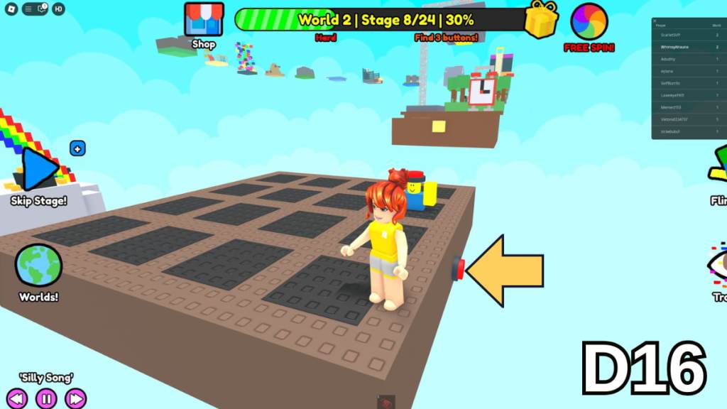 The button on the side of Stage 8 in the Hard Version of Roblox Find Buttons World Two