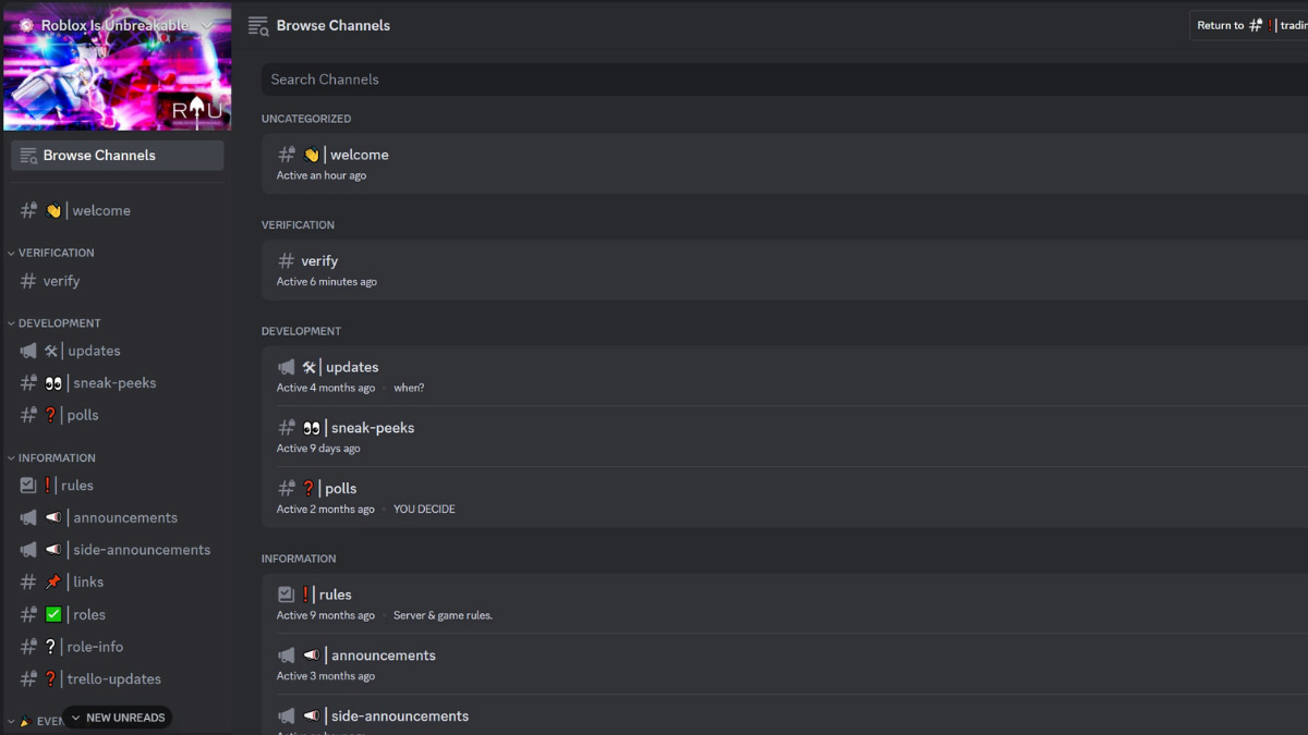 A list of the channels in the official Roblox is Unbreakable Discord