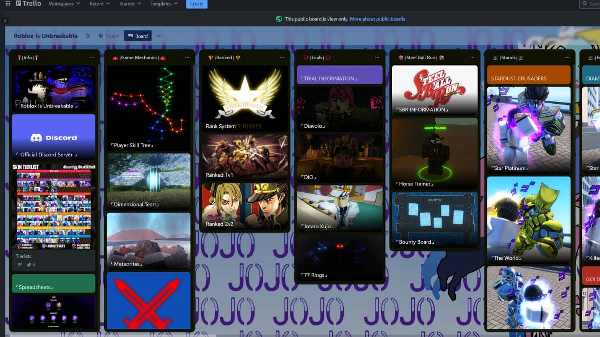 The official Roblox is Unbreakable Trello page