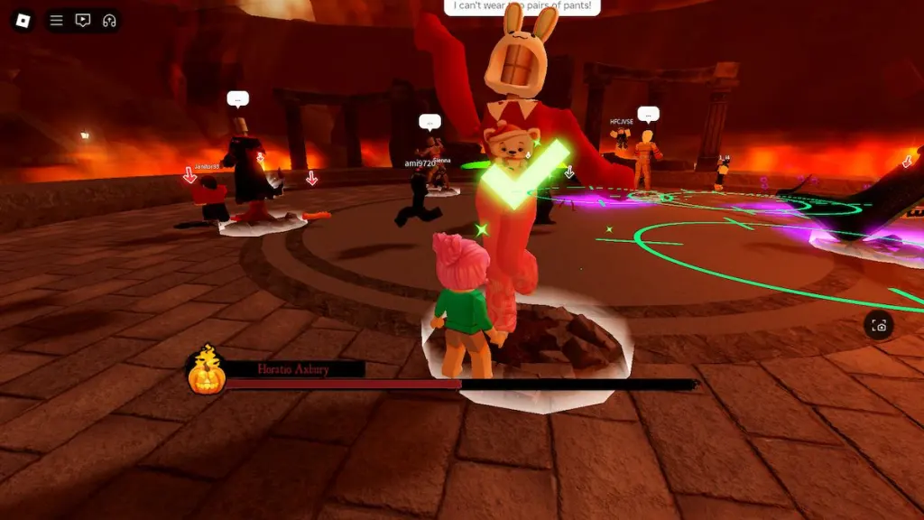 A cute costume in the boss fight for The Haunt on Roblox.