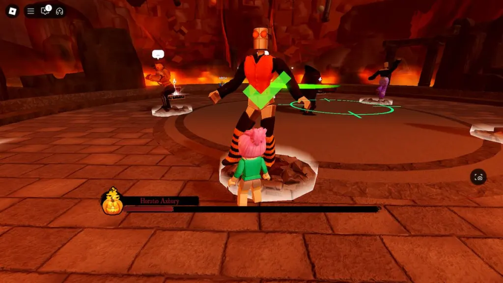 An orange costume in the boss fight for The Haunt on Roblox.