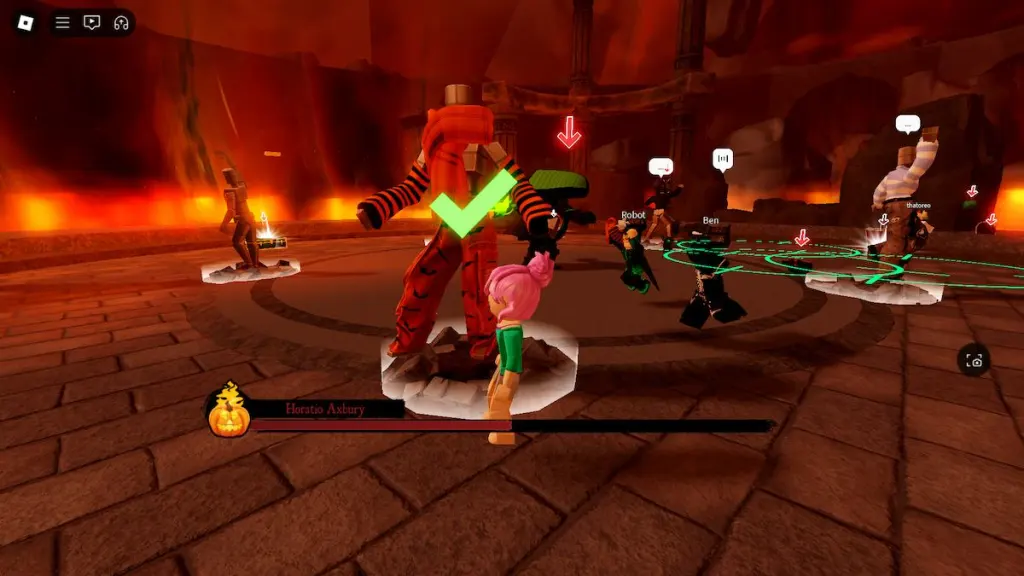 An orange costume in the boss fight for The Haunt on Roblox.