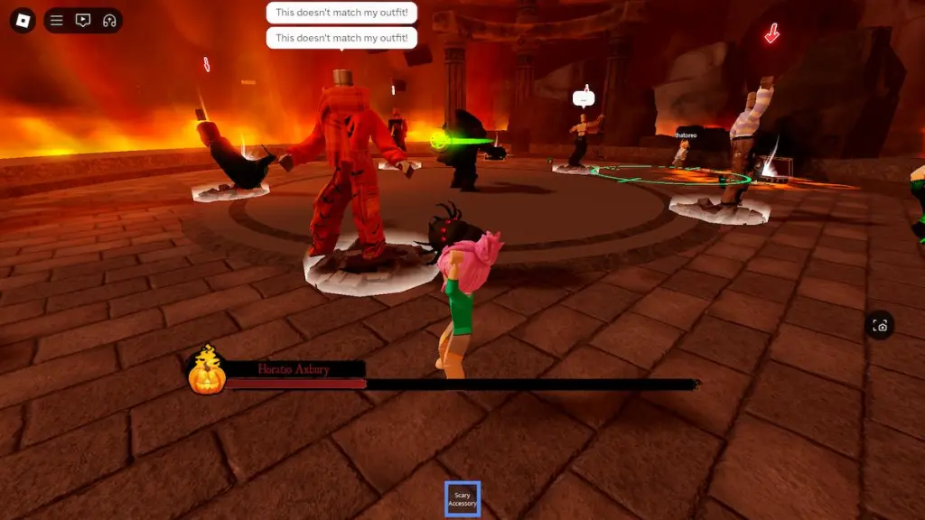 An orange costume in the boss fight for The Haunt on Roblox.