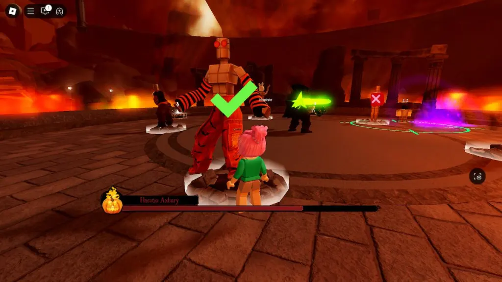 An orange costume in the boss fight for The Haunt on Roblox.