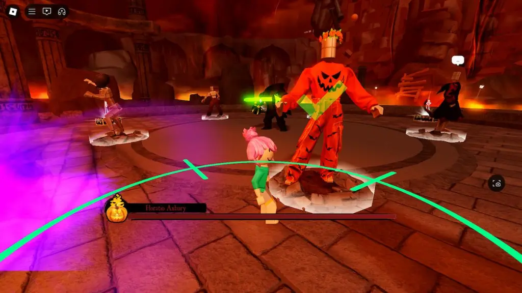 An orange costume in the boss fight for The Haunt on Roblox.