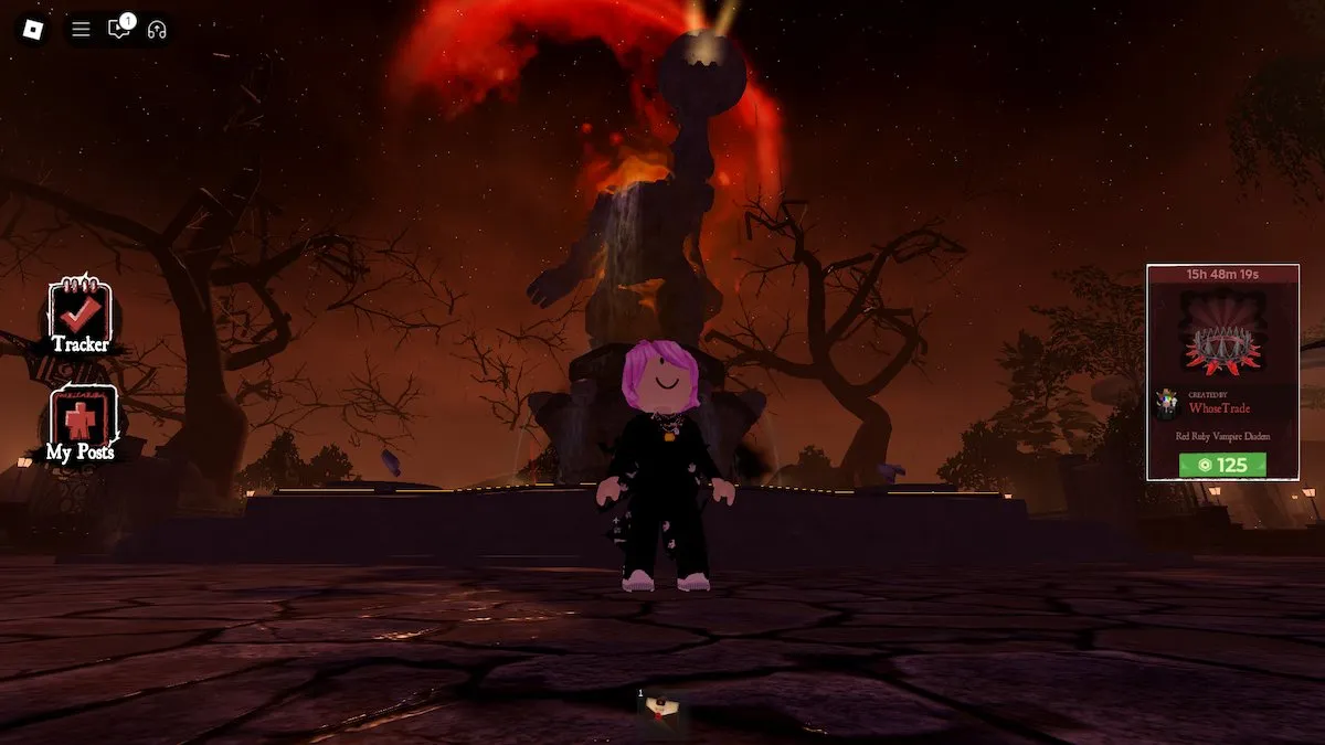 A pink-haired avatar standing in front of the Headless Horseman statue in The Haunt on Roblox.