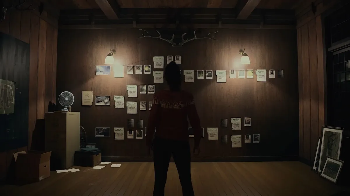 A wall of collected evidence in Alan Wake 2.