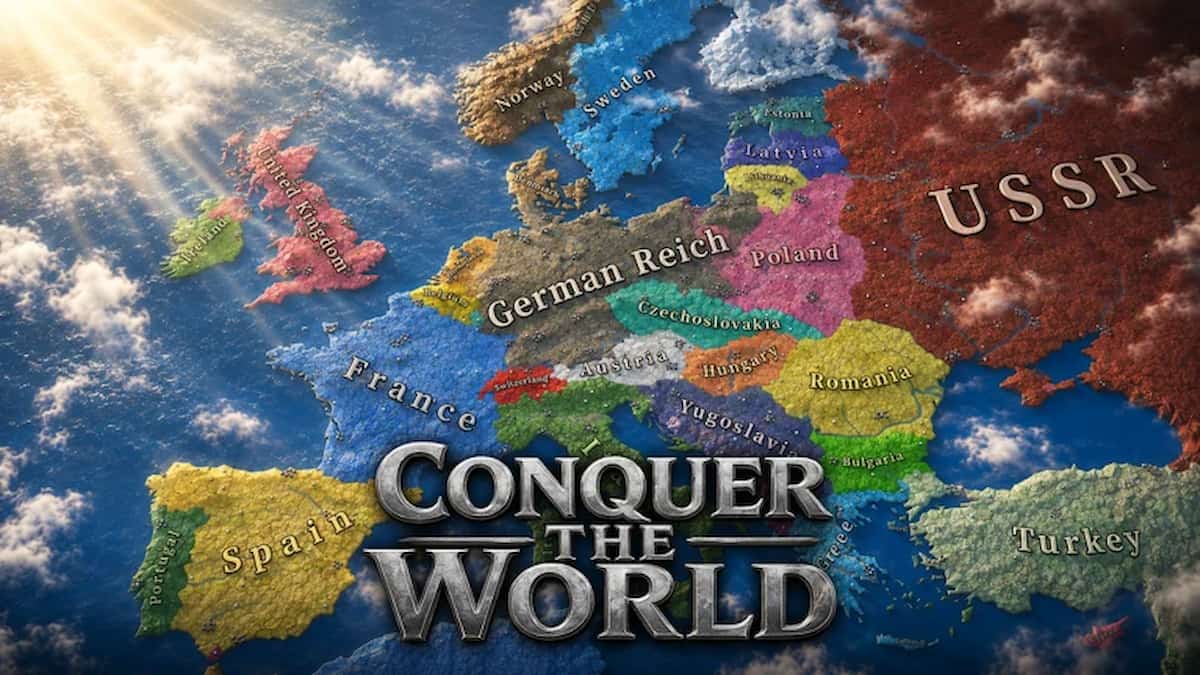Conquer The World WW2 featured image and logo depicting the 1940's map of Europe