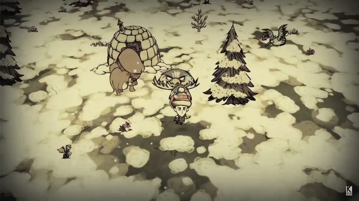 Don't Starve gameplay in the snowy area.