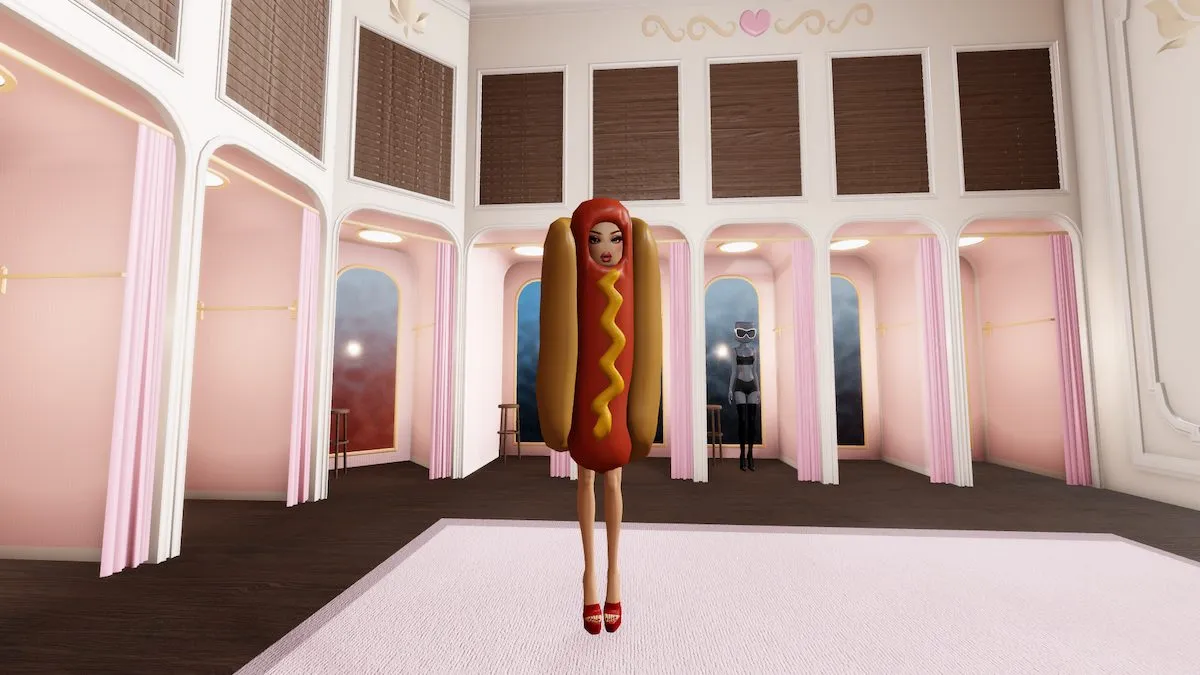 Wearing the Hotdog Costume in Dress to Impress on Roblox.