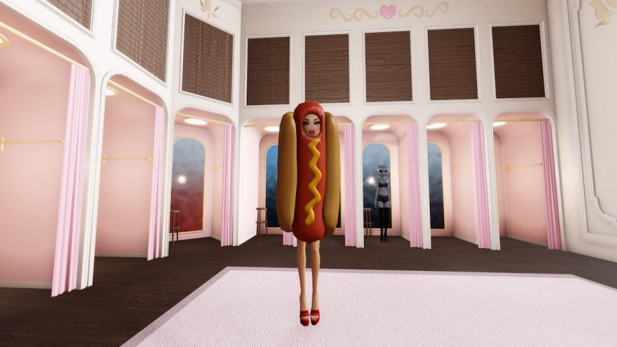 Wearing the Hotdog Costume in Dress to Impress on Roblox.