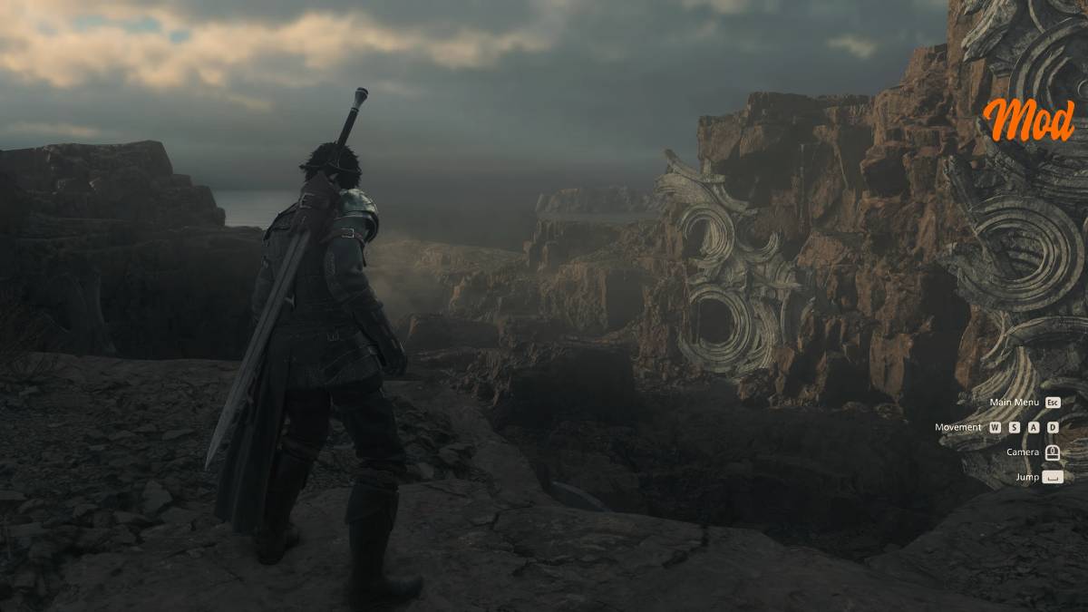 Clive standing on a cliff in Final Fantasy XVI with the higher-contrasting colors of the Natural Colors mod.