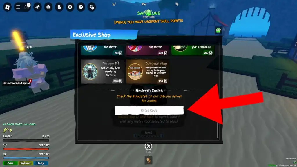 Screenshot of the Grand Piece Online redeem code section. 