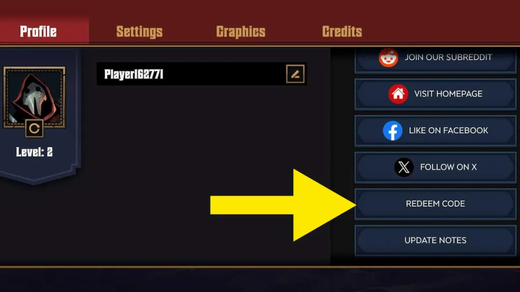 Grimguard Tactics screenshot showing where to access the code redemption feature