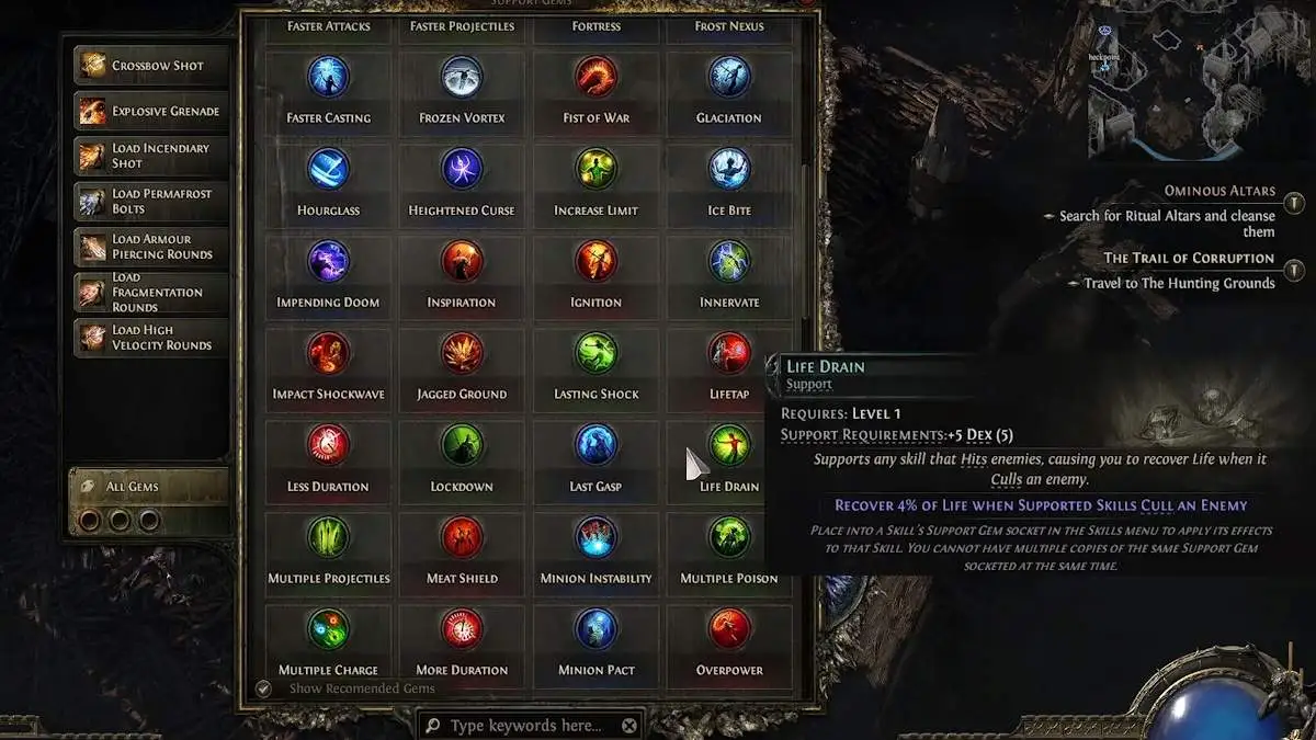 The life drain support gem in Path of Exile 2.