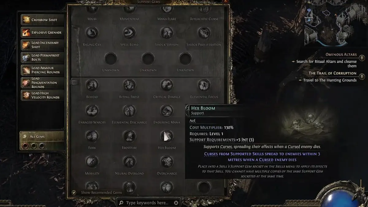 The hex bloom support gem in Path of Exile 2.