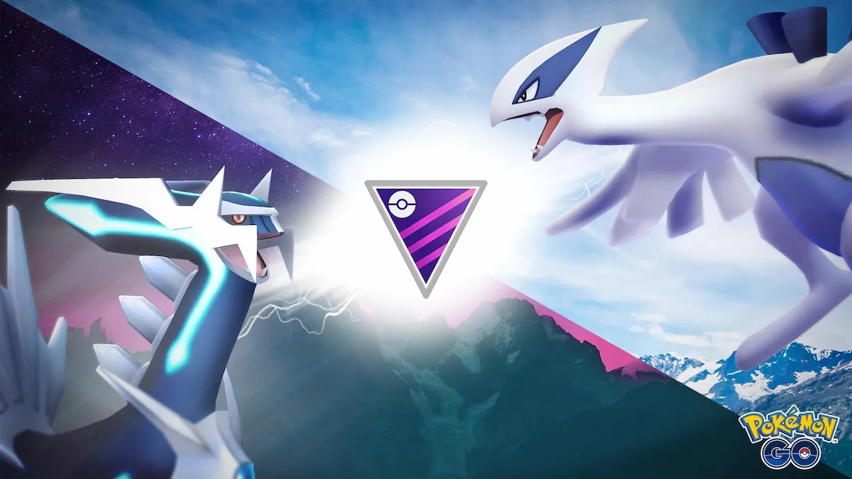 Dialga and Lugia with a Master League badge between them for Pokemon GO.