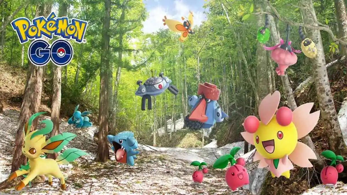 Pokemon, including Magnezone, in the forest in Pokemon GO.