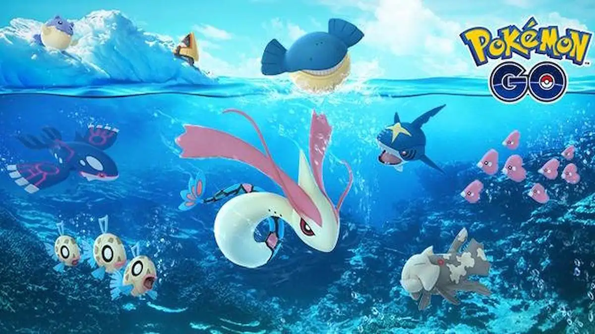 Water pokemon, including Milotic, under the sea; a Pokemon GO image.