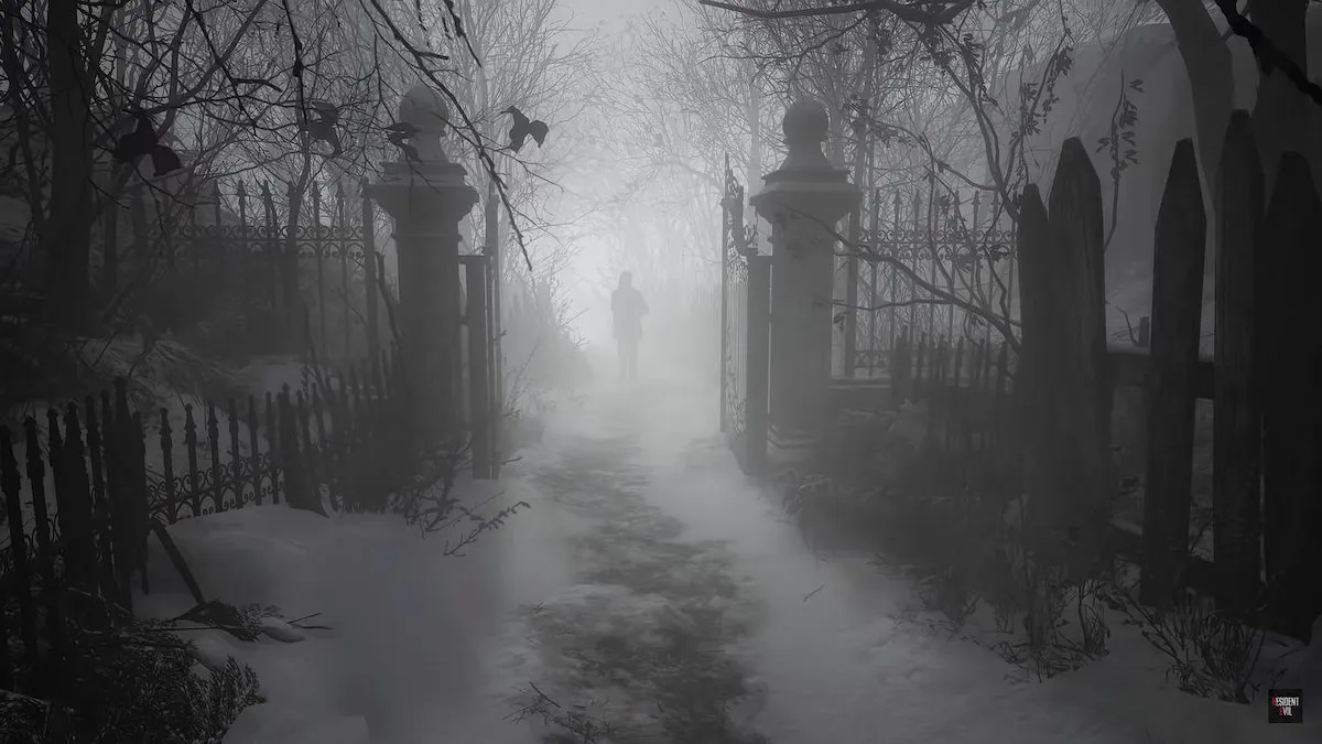 A figure in the distance covered by the fog in Resident Evil Village.