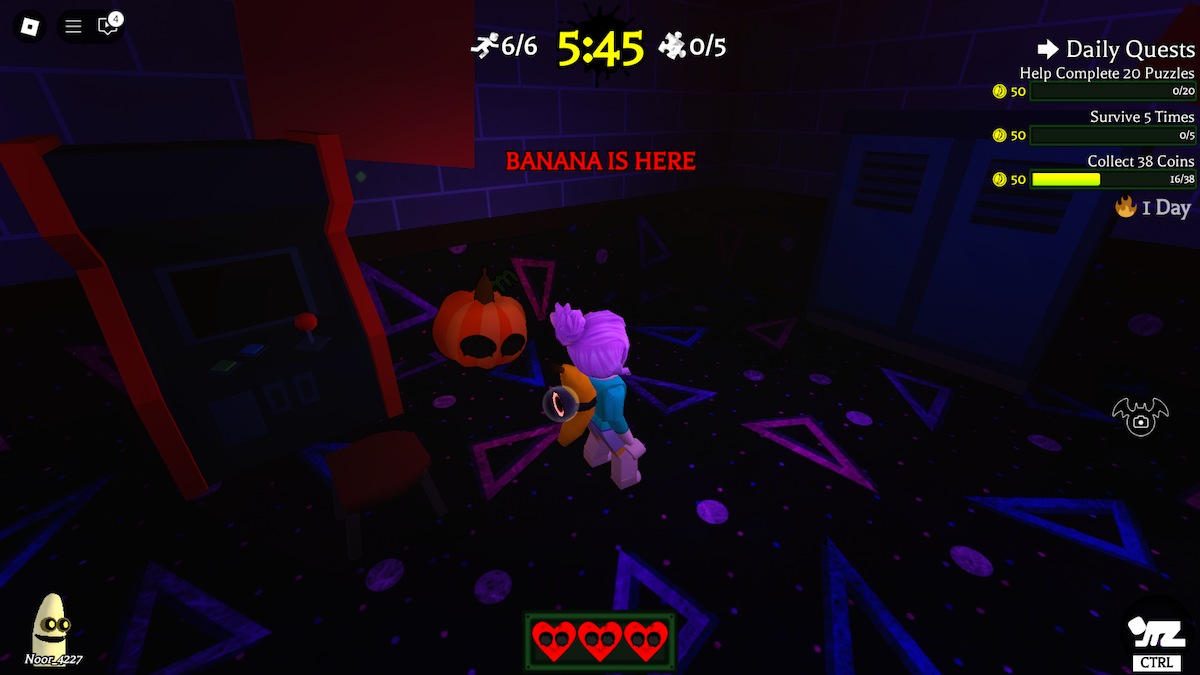 The pumpkin by the arcade machine in the Arcade room in Banana Eats on Roblox.