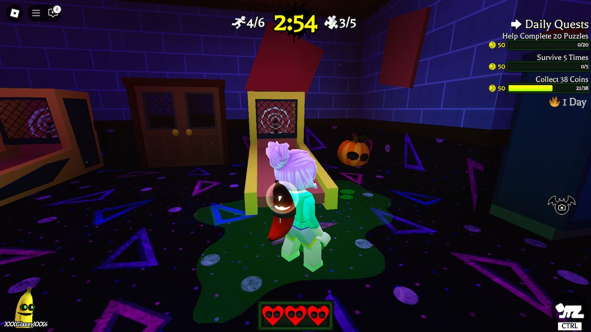 The pumpkin by the skee-ball machine in Banana Eats on Roblox.