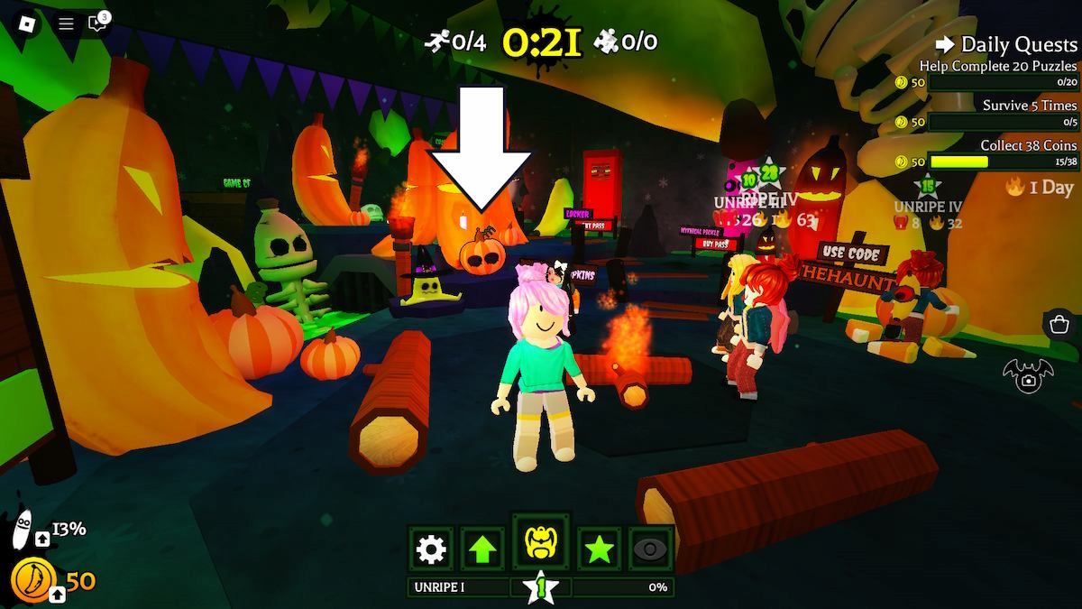 The location of the pumpkin that's in the Lobby of Banana Eats on Roblox.