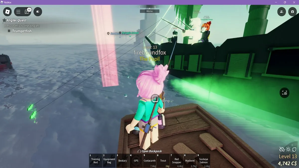 Two players using Haunted Rods in Fisch on Roblox.