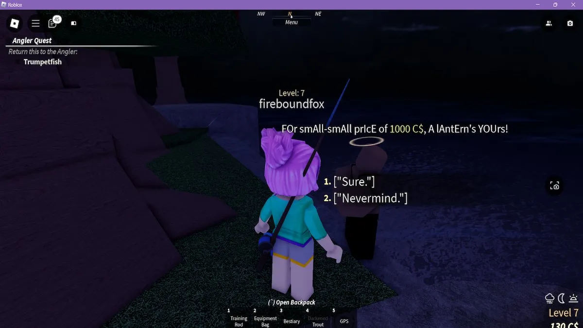 Talking to the Lantern Keeper in Fisch on Roblox.