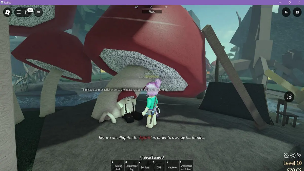 Agaric the mushroom NPC gives you a quest in Fisch on Roblox.