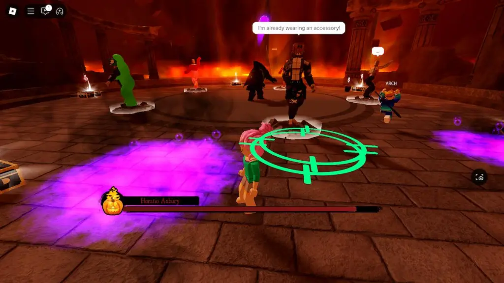 A villain costume in the boss fight for The Haunt on Roblox.