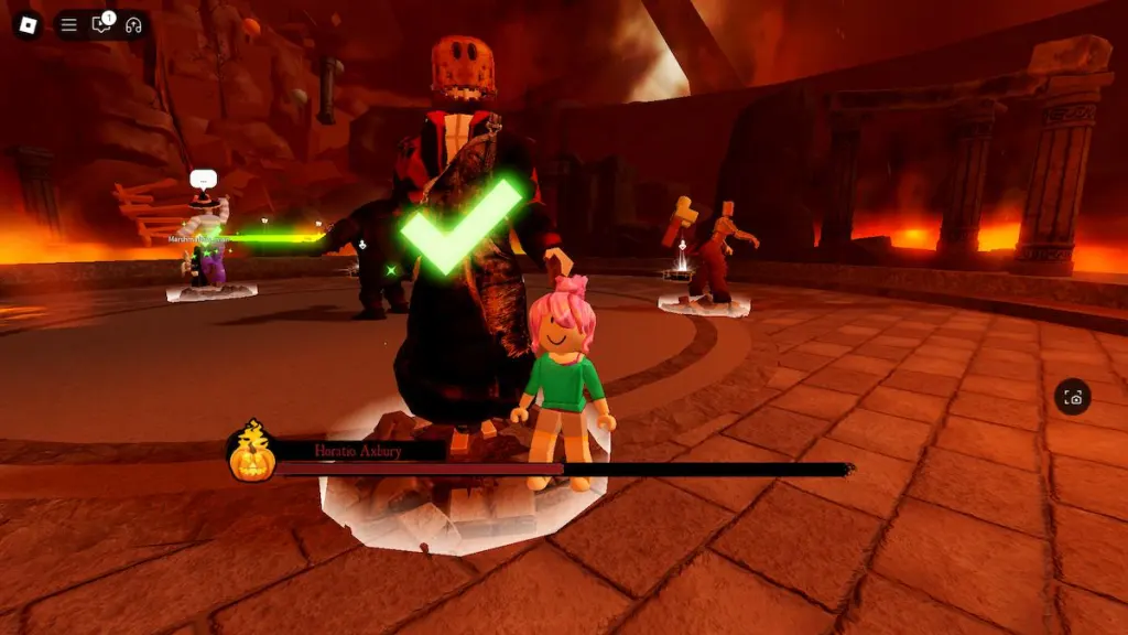 A villain costume in the boss fight for The Haunt on Roblox.