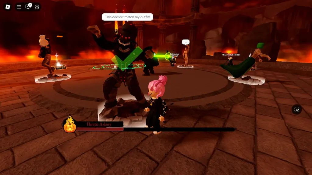 A scary costume in the boss fight for The Haunt on Roblox.