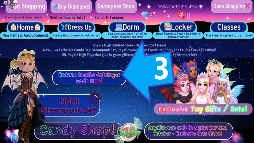 Royale High Shop menu.