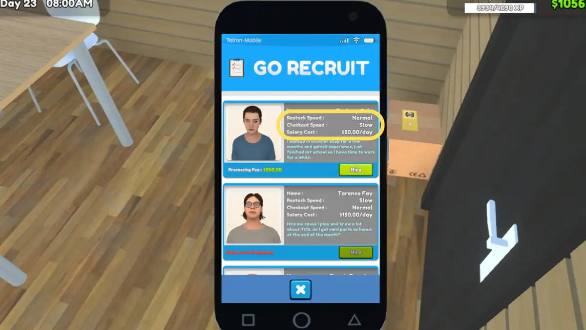 TCG Card Shop Simulator go recruit screen