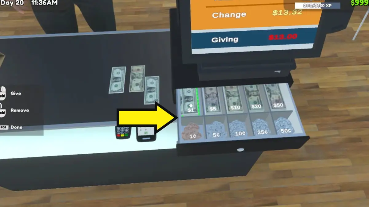 TCG Card Shop Simulator Arrow pointing to change tray