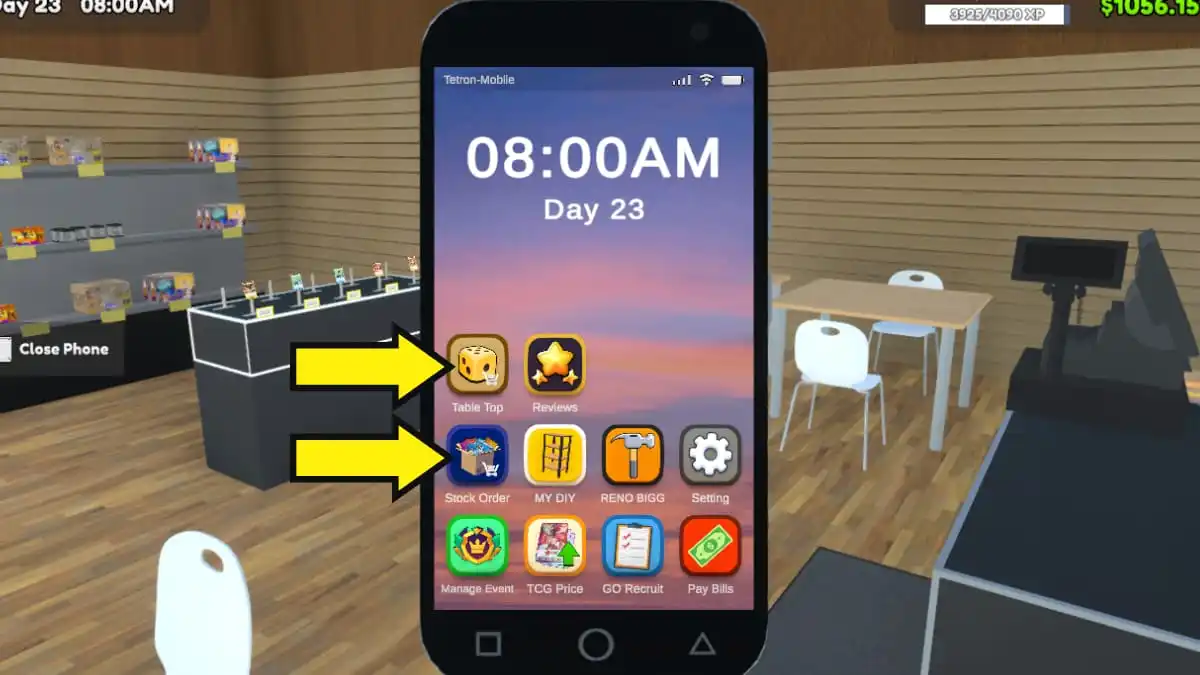 TCG Card Shop Simulator Arrow pointing to phone apps