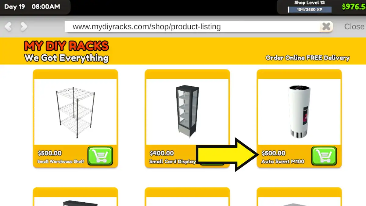 TCG Card Shop Simulator Arrow pointing to auto scent machine