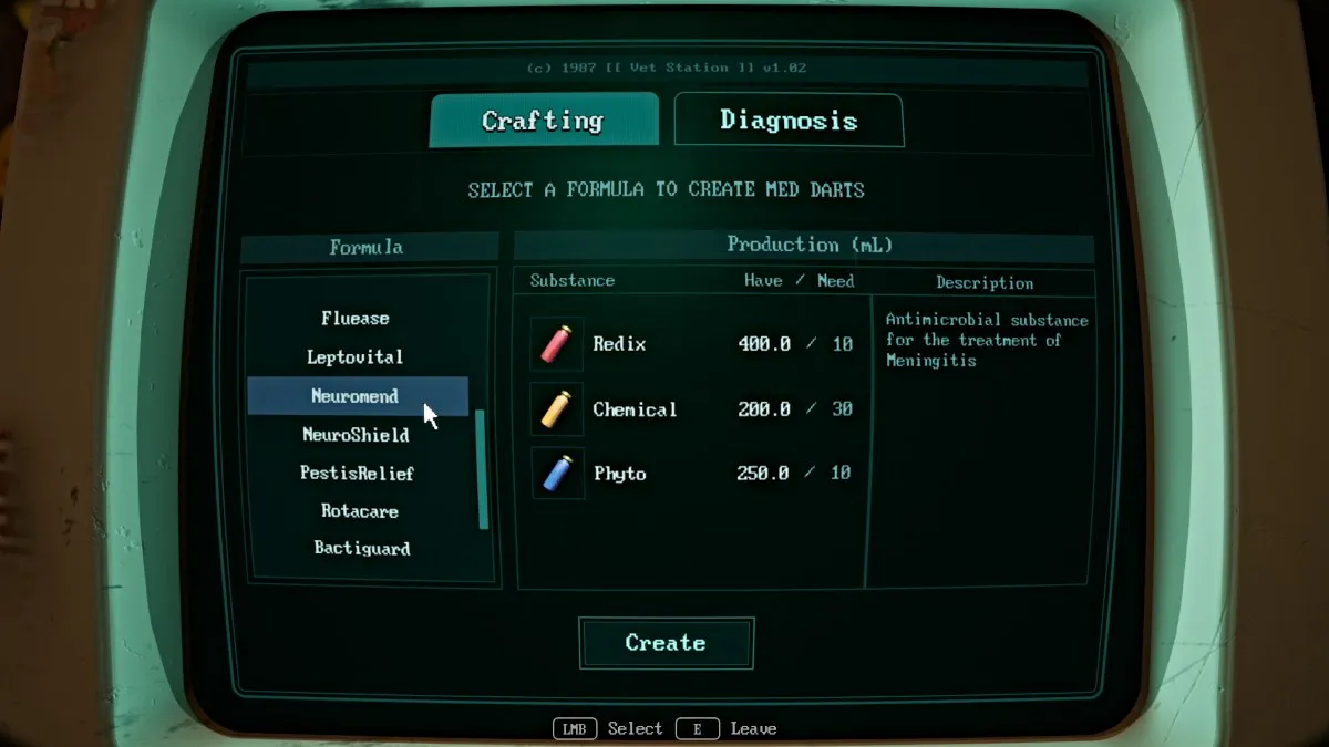 Medicine crafting menu in Zoochosis