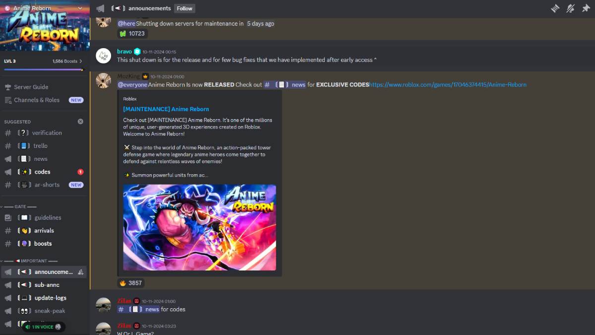 Anime Reborn Discord server announcement section