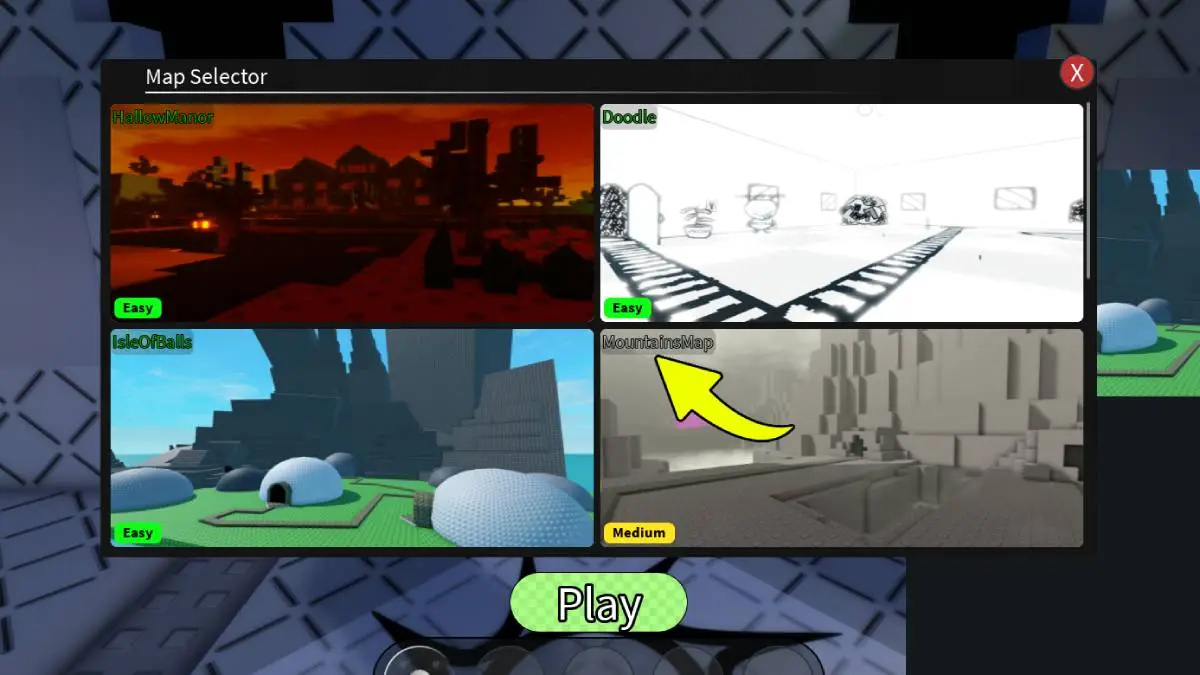 Yellow arrow pointing out Mountain Map in Ball Tower Defense