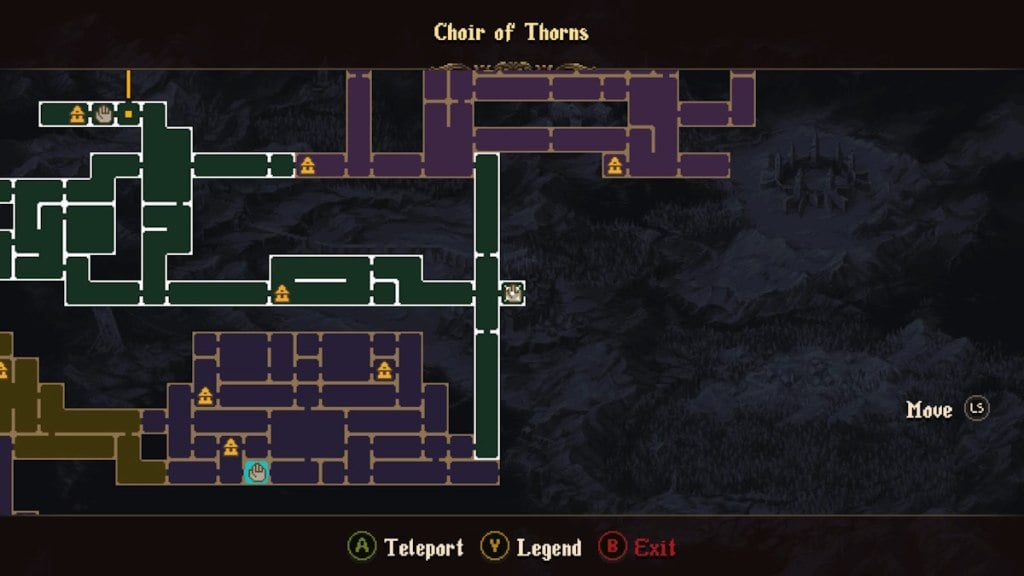 Map to the teleporter room in Choir of Thorns in Blasphemous 2.