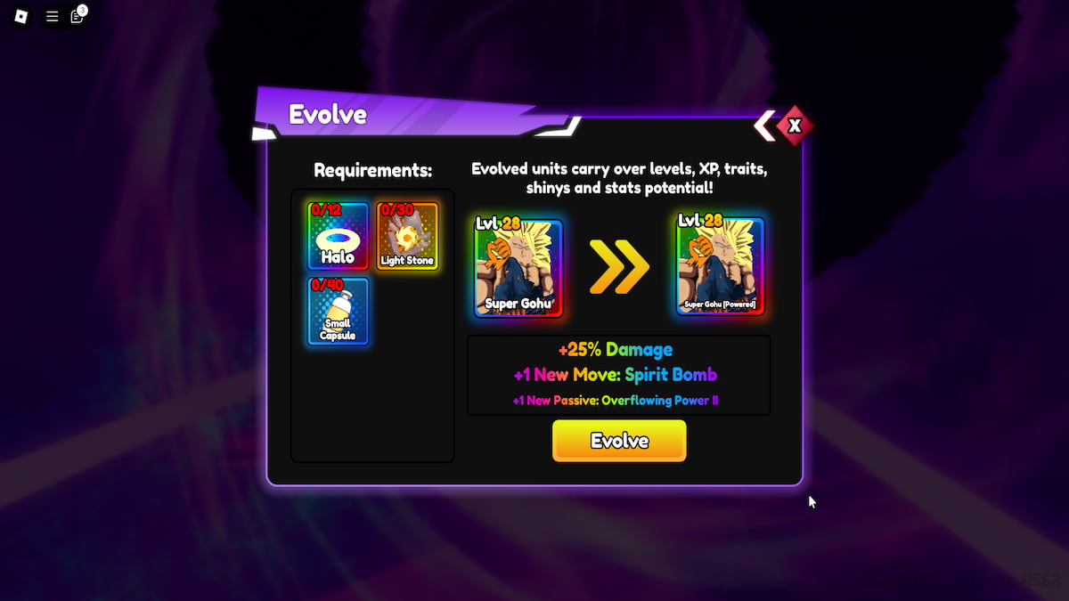 The Evolve menu in Anime Reborn